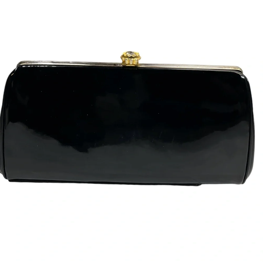 Vintage Patent Leather Evening Clutch Kiss Lock Gold Rhinestone Flower